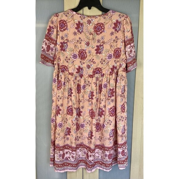 Beachsissi Summer Dress Womens Sz M Pink Floral Short Sleeve Tassels Bach Casual - Picture 4 of 5
